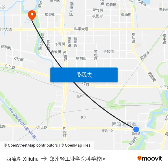 西流湖 Xiliuhu to 郑州轻工业学院科学校区 map