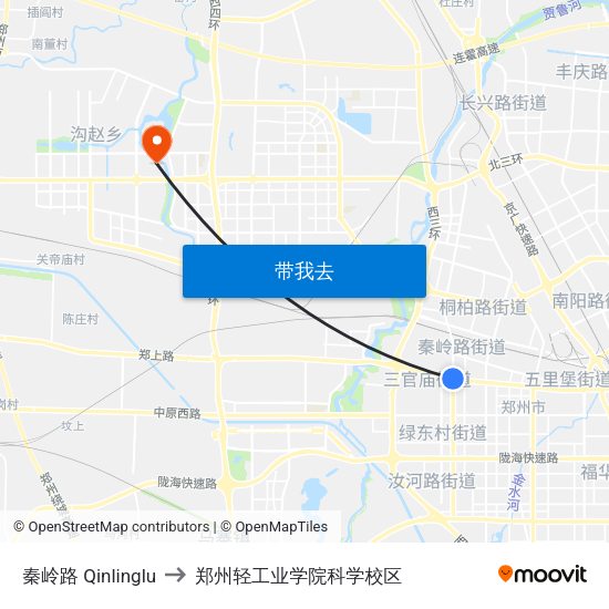 秦岭路 Qinlinglu to 郑州轻工业学院科学校区 map