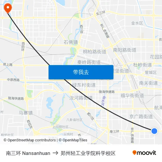 南三环 Nansanhuan to 郑州轻工业学院科学校区 map