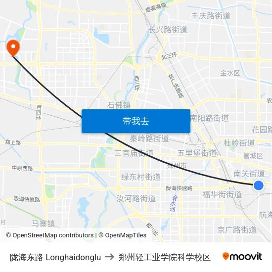 陇海东路 Longhaidonglu to 郑州轻工业学院科学校区 map