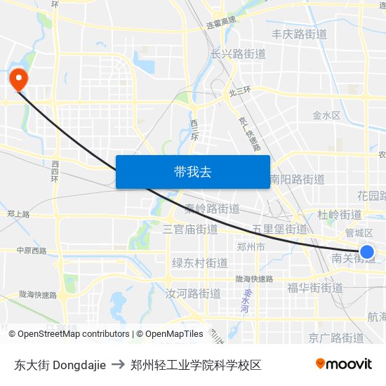 东大街 Dongdajie to 郑州轻工业学院科学校区 map