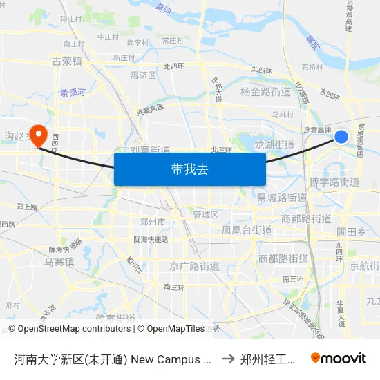 河南大学新区(未开通) New Campus Of Henan University(Under Construction) to 郑州轻工业学院科学校区 map