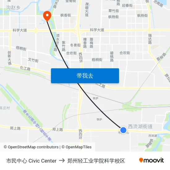 市民中心 Civic Center to 郑州轻工业学院科学校区 map