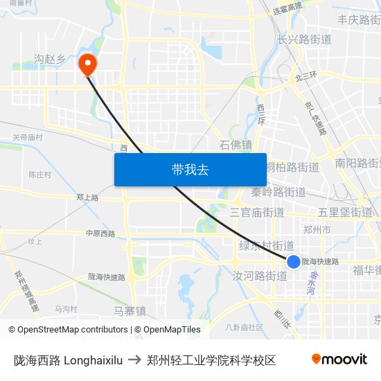 陇海西路 Longhaixilu to 郑州轻工业学院科学校区 map