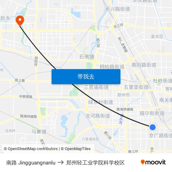 南路 Jingguangnanlu to 郑州轻工业学院科学校区 map