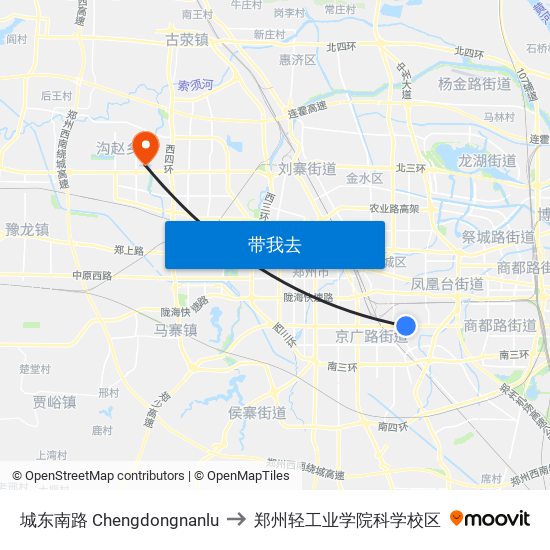 城东南路 Chengdongnanlu to 郑州轻工业学院科学校区 map