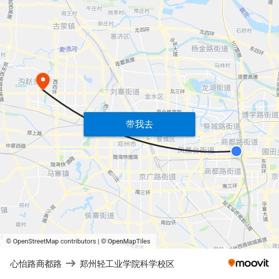 心怡路商都路 to 郑州轻工业学院科学校区 map