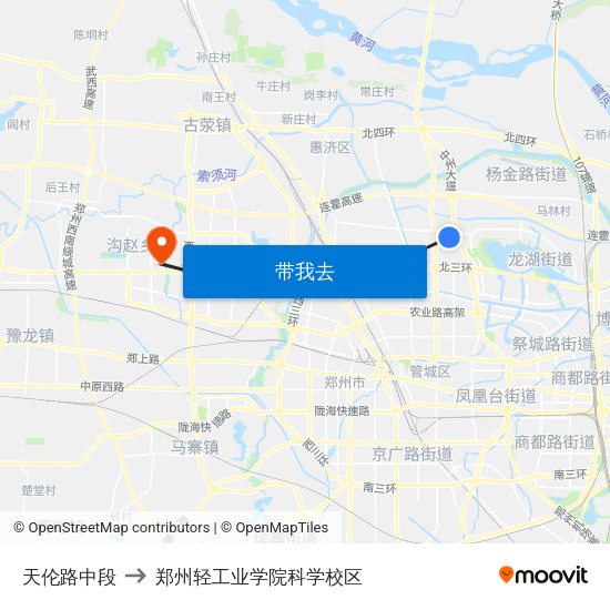 天伦路中段 to 郑州轻工业学院科学校区 map
