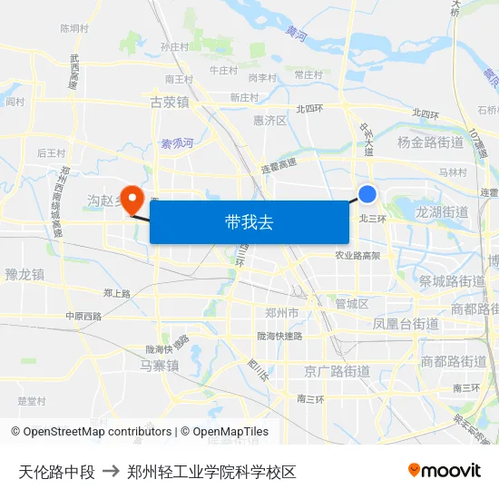 天伦路中段 to 郑州轻工业学院科学校区 map