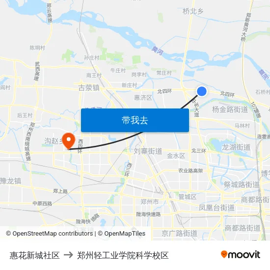 惠花新城社区 to 郑州轻工业学院科学校区 map