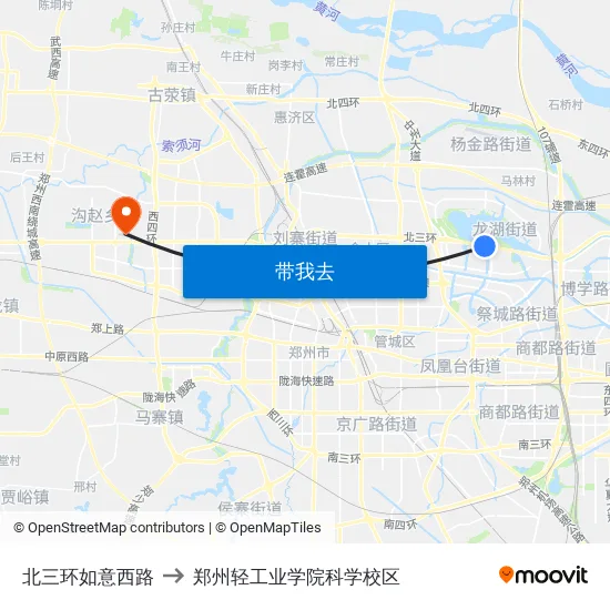 北三环如意西路 to 郑州轻工业学院科学校区 map