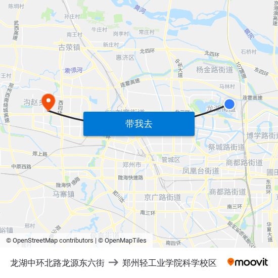 龙湖中环北路龙源东六街 to 郑州轻工业学院科学校区 map