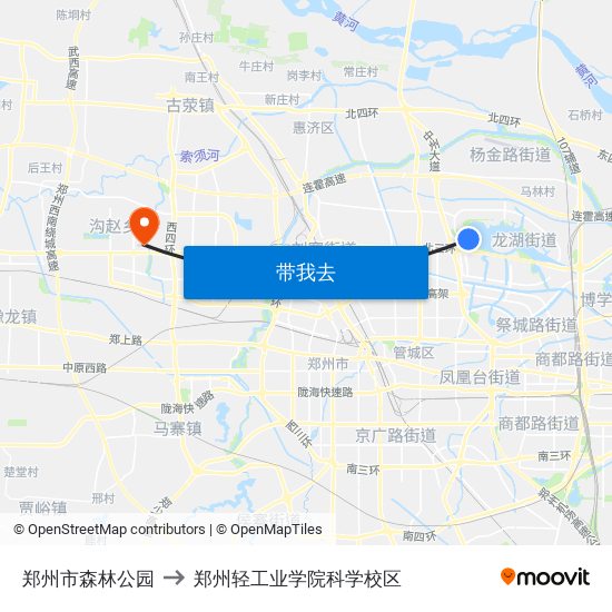 郑州市森林公园 to 郑州轻工业学院科学校区 map