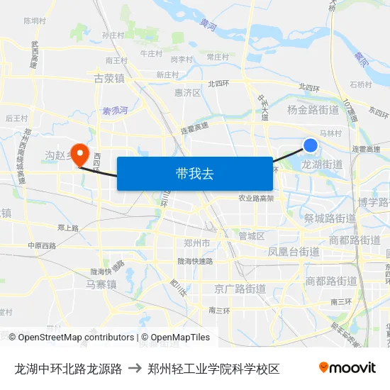 龙湖中环北路龙源路 to 郑州轻工业学院科学校区 map