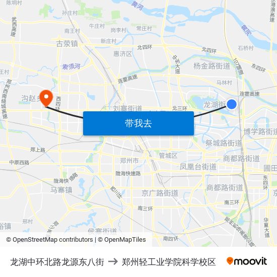 龙湖中环北路龙源东八街 to 郑州轻工业学院科学校区 map