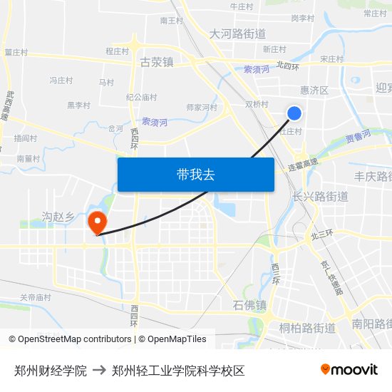 郑州财经学院 to 郑州轻工业学院科学校区 map