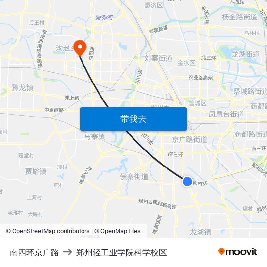 南四环京广路 to 郑州轻工业学院科学校区 map