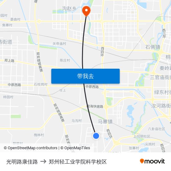 光明路康佳路 to 郑州轻工业学院科学校区 map