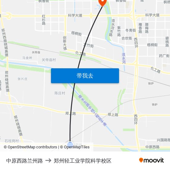 中原西路兰州路 to 郑州轻工业学院科学校区 map