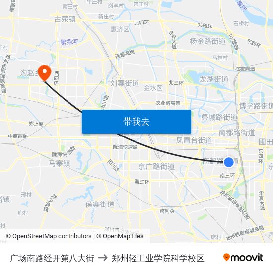广场南路经开第八大街 to 郑州轻工业学院科学校区 map