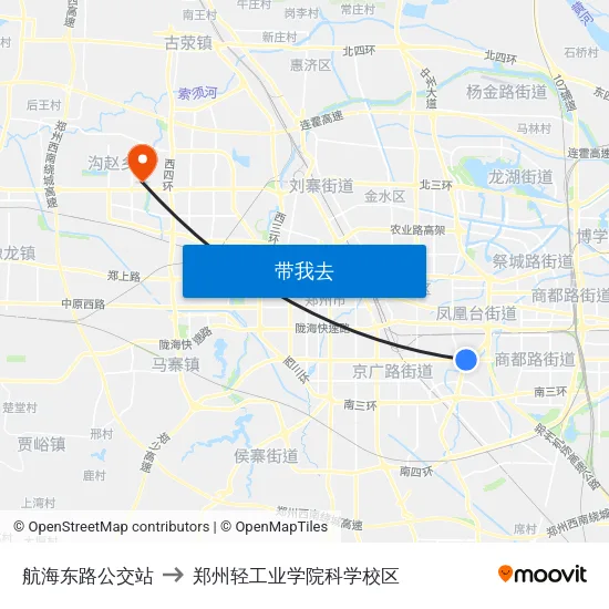 航海东路公交站 to 郑州轻工业学院科学校区 map
