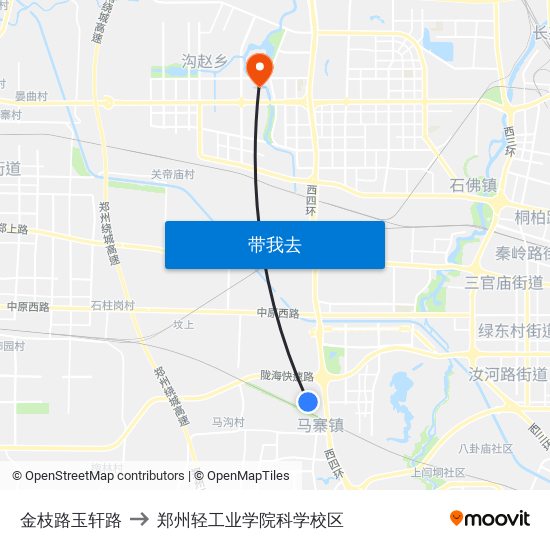 金枝路玉轩路 to 郑州轻工业学院科学校区 map