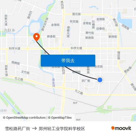 雪松路药厂街 to 郑州轻工业学院科学校区 map