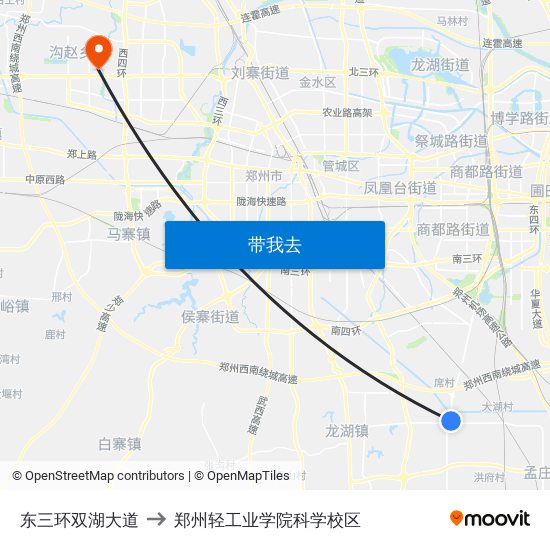 东三环双湖大道 to 郑州轻工业学院科学校区 map