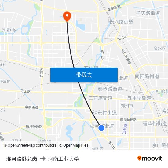 淮河路卧龙岗 to 河南工业大学 map