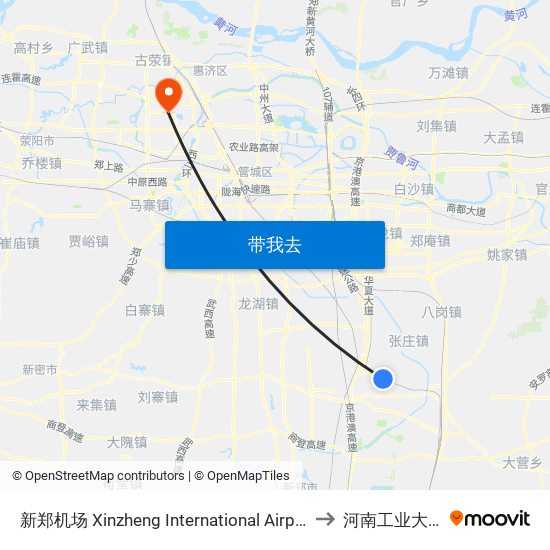 新郑机场 Xinzheng International Airport to 河南工业大学 map