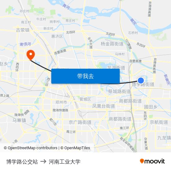 博学路公交站 to 河南工业大学 map