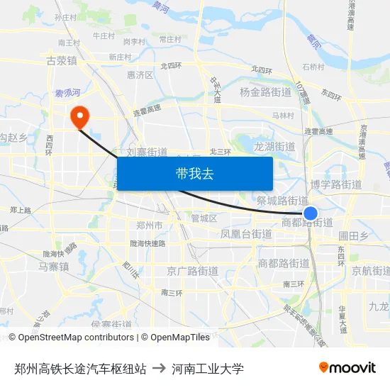 郑州高铁长途汽车枢纽站 to 河南工业大学 map