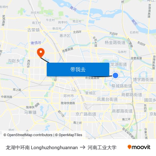 龙湖中环南 Longhuzhonghuannan to 河南工业大学 map