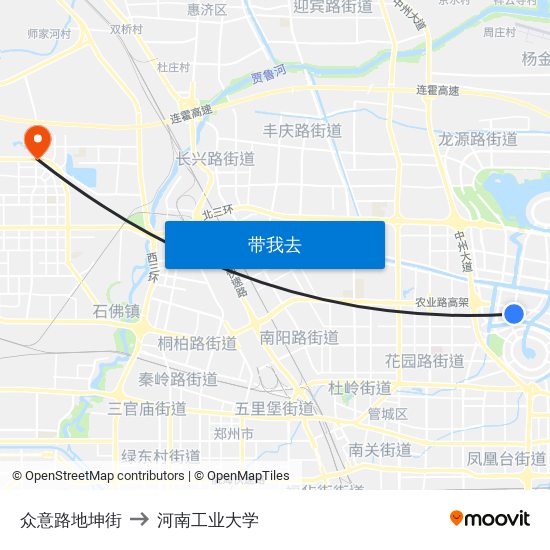 众意路地坤街 to 河南工业大学 map