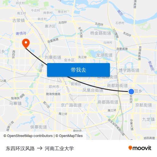 东四环汉风路 to 河南工业大学 map