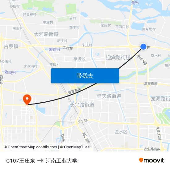 G107王庄东 to 河南工业大学 map