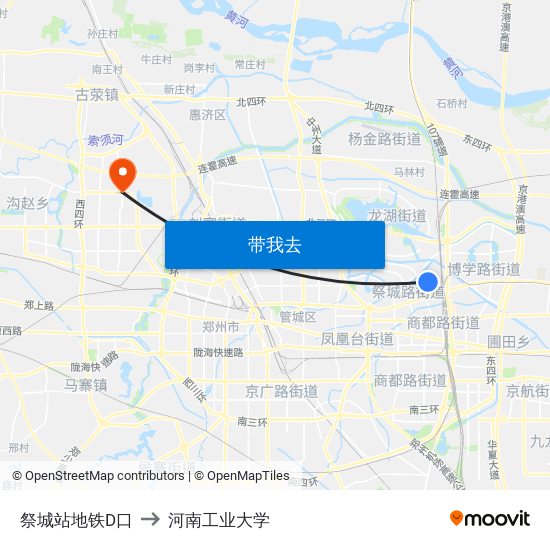 祭城站地铁D口 to 河南工业大学 map