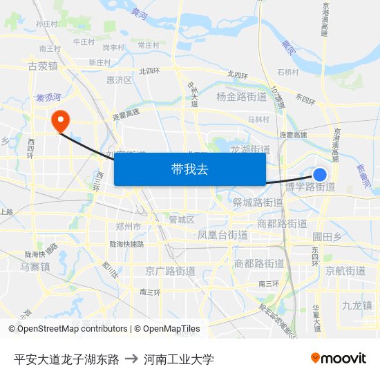 平安大道龙子湖东路 to 河南工业大学 map