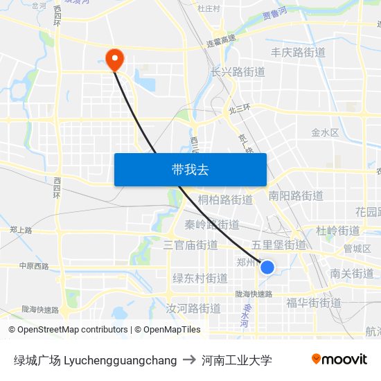 绿城广场 Lyuchengguangchang to 河南工业大学 map