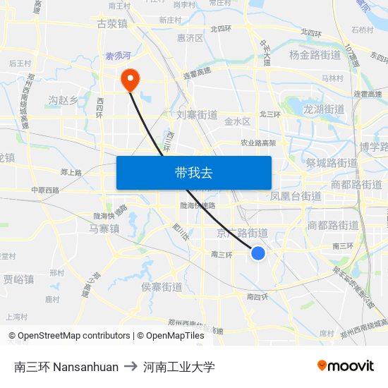 南三环 Nansanhuan to 河南工业大学 map