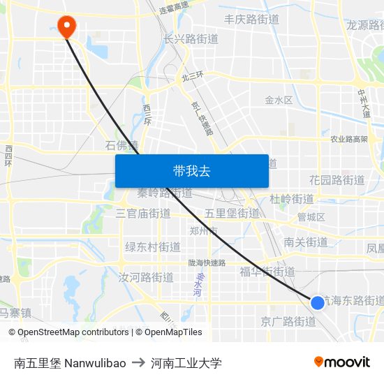 南五里堡 Nanwulibao to 河南工业大学 map