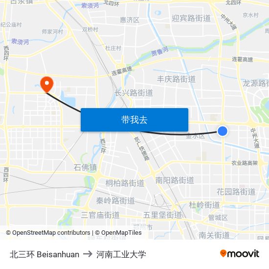 北三环 Beisanhuan to 河南工业大学 map