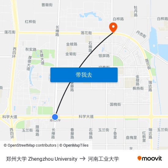 郑州大学 Zhengzhou University to 河南工业大学 map