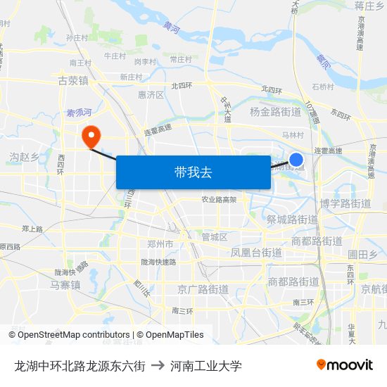 龙湖中环北路龙源东六街 to 河南工业大学 map