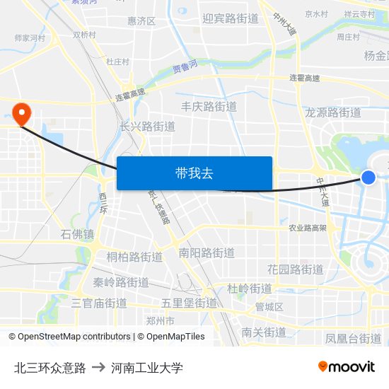 北三环众意路 to 河南工业大学 map