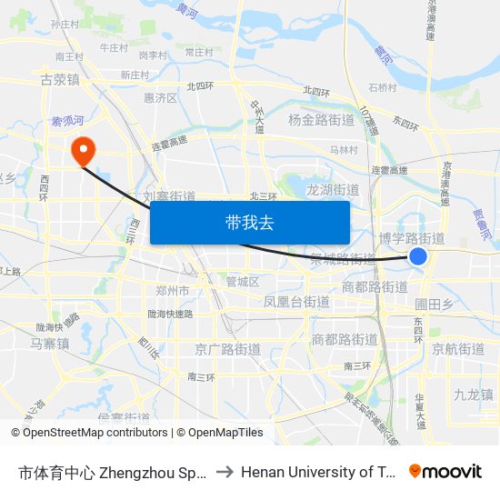 市体育中心 Zhengzhou Sports Center to Henan University of Technology map