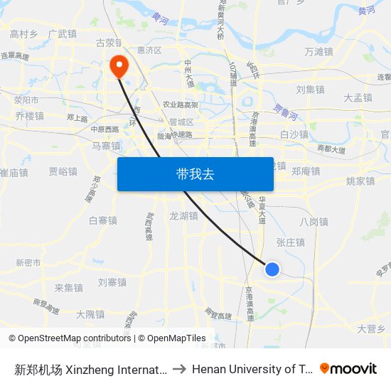 新郑机场 Xinzheng International Airport to Henan University of Technology map