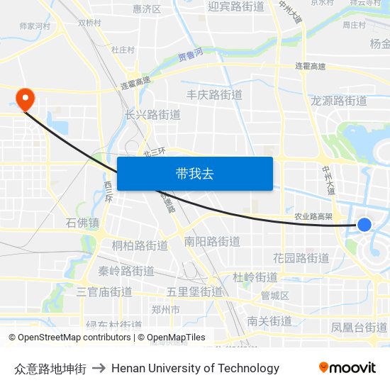 众意路地坤街 to Henan University of Technology map