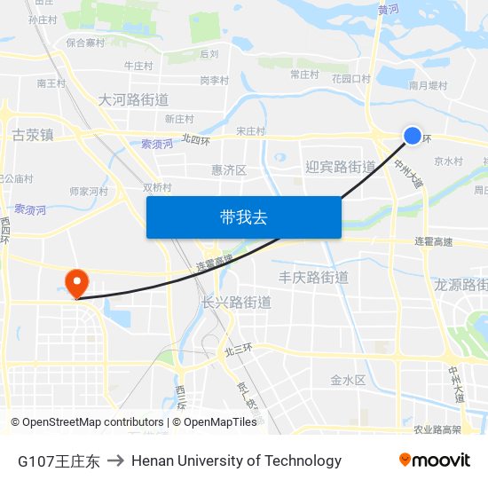 G107王庄东 to Henan University of Technology map