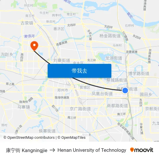康宁街 Kangningjie to Henan University of Technology map